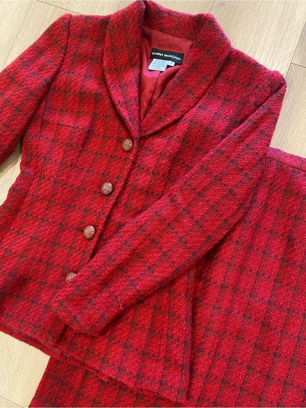 Donna Morgan Vintage Red Plaid Blazer Jacket with Matching Midi Pencil Skirt
